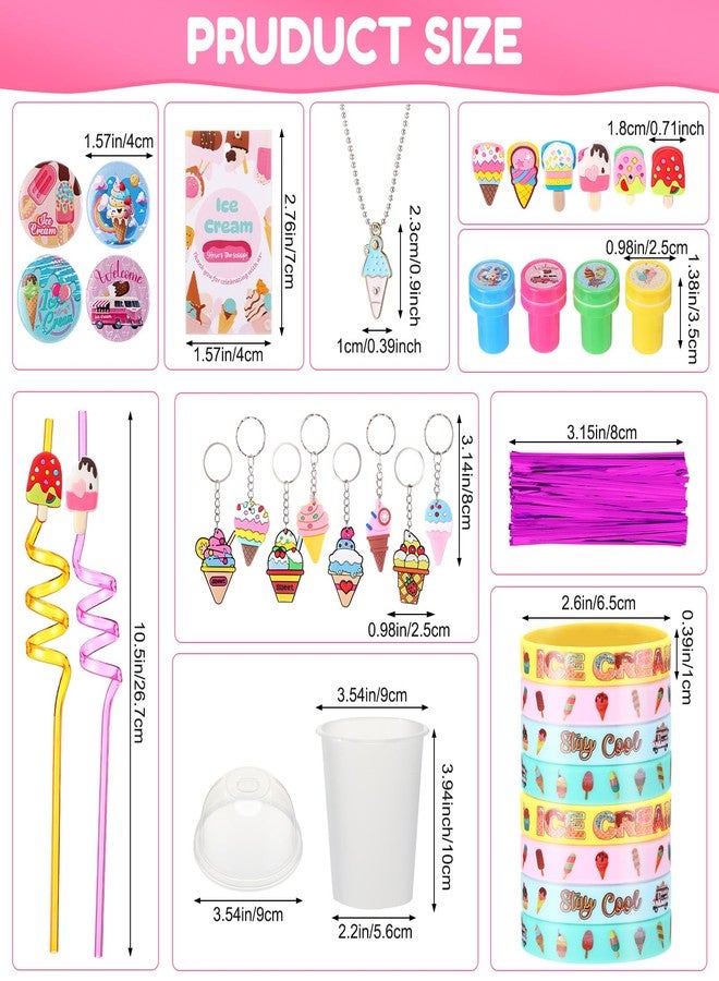 Chivertion 195 Pcs Ice Cream Birthday Party Favors Bulk for 16 Kids Include Keychain Necklace Silicone Bracelet Ring Badge Stamp Sticker Tags Twist Tie Cup Lid Straw for Summer Birthday Party Rewards - Image 3